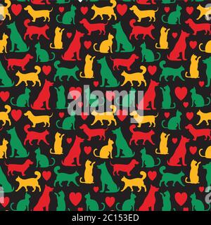 Vector seamless pattern with cats and dogs on black backgground Stock Vector
