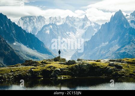 Mountainous landscape view on Lac Blanc and Mont-Blanc mountain in Europe, Chamonix France Stock Photo