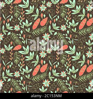 Leaves, pine tree branches and flowers on brown background. Stock Vector