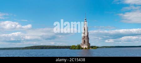 Panoramic view of Kalyazin flooded Belfry or bell tower over Volga river is a part of the flooded old church in old Russian town Kalyazin in Russia Stock Photo