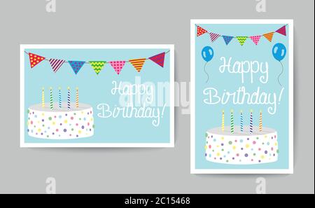Happy Birthday card with party elements, cake and candles Stock Vector