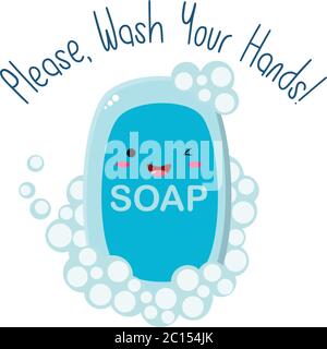 Cute blue, kawaii soap with Wash your hands title and bubbles. Perfect for web or print. It can be used as a warning poster in the nursery. Stock Vector