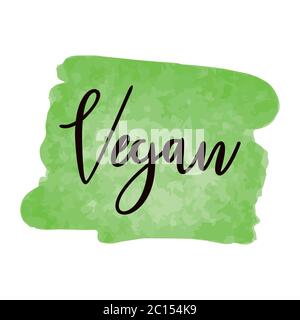 The title 'Vegan' on green watercolor background. Perfect for print or web. It can be a product package element. Stock Vector