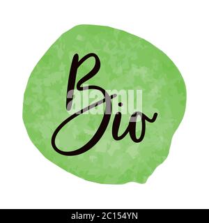 Bioproduct sign on green watercolor background Stock Vector