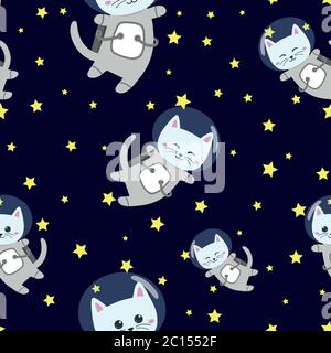 Cute cat astronaut pattern on space background Stock Vector