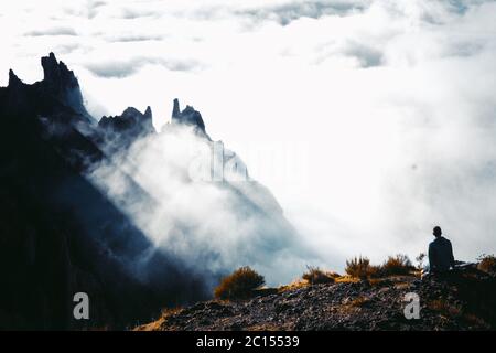 Portugal, Madeira, View of the mountains and rocks near Arieiro peak - the highest point of Madeira island. Beautiful sunset over the mountains, Stock Photo
