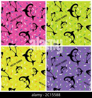 Four different, seamless, neon colored shark pattern Stock Vector