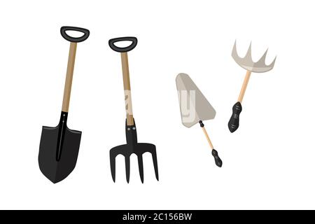 Gardening groundworks tools isolated on white background. Hayfork, trowel, rake and shovel. Gardening  tools and items. Groundworks equipment. Vector Stock Vector