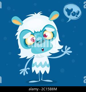 Happy cartoon bigfoot with speech bubble. Halloween vector yeti character with white fur and horns isolated on blue background Stock Vector