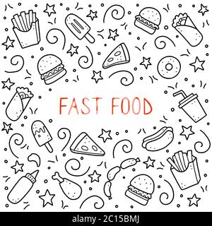 Hand drawn frame of fast food elements, burger, pizza, sandwich, hamburger, snack. Doodle sketch style. Fast food element drawn by digital brush-pen. Vector illustration for icon, menu, frame design. Stock Vector