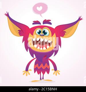 Happy cartoon gremlin monster in love. Halloween vector goblin or troll with pink fur and big ears. Isolated Stock Vector