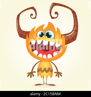 Happy orange monster. Vector Halloween horned monster character smiling isolated Stock Vector