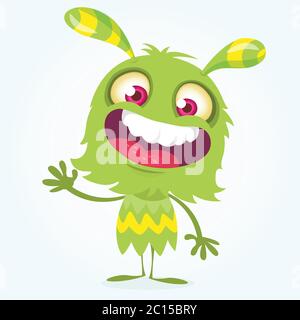 Happy cartoon green and fluffy monster. Halloween vector character Stock Vector