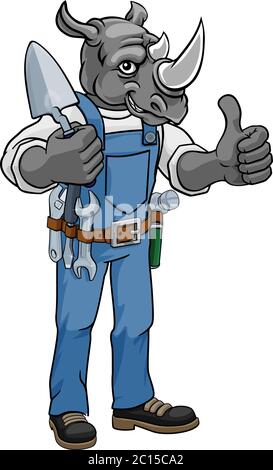 Rhino Bricklayer Builder Holding Trowel Tool Stock Vector