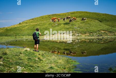 Man hold in hands take photography click on modern photo camera, photographer look on camera technology, journey landscape vacation concept, Stock Photo