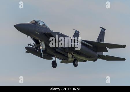 McDonnell Douglas F-15E Strike Eagle with undercarriage down on approach to RAF Lakenheath, Suffolk, UK. Taken 20th April 2016. Stock Photo