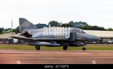 F-4E Phantom just after landing at RAF Fairford, Gloustershire, UK ready for the 2017 RIAT.   Serial No.01618 is from 338 Sqn of the Hellenic Air Forc Stock Photo