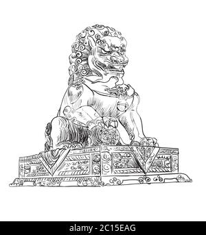 Big bronze lion in forbidden city in Beijing , landmark of China. Hand drawn vector sketch illustration in black color isolated on white background. C Stock Vector