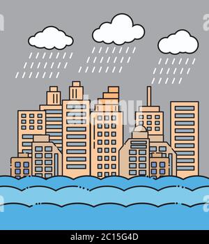 Flood natural disaster with house, heavy rain and storm , damage with home, clouds and rain, flooding water in city,Flooded house. Stock Vector