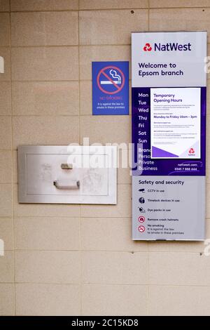 London, Uk, June 14, 2020, Natwest High Street Retial Bank Customer Notice On Revised opening Hours During The COVID19 Pandemic 2020 Nest To A Night S Stock Photo