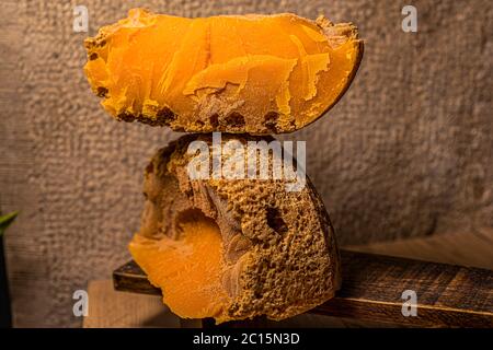 Cheese gourmet Mimolette. Healthy food background. Healthy fresh nutrition.  Stock Photo