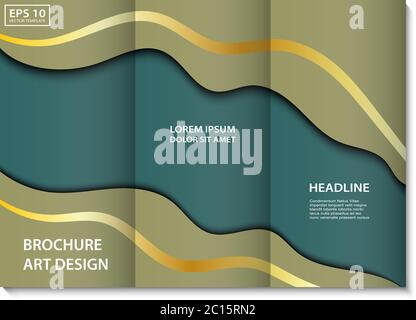 Vector brochure template dark green and bezh color with golden lines and paper cut shadow style. Flyer, cover, brochure, banner design. Trendy vector Stock Vector