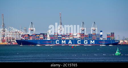 Container ship CMA CGM JEAN MERMOZ in Southampton docks, UK Stock Photo