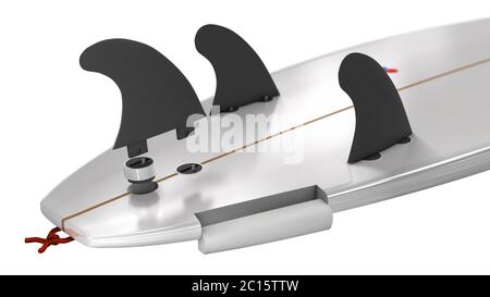 Underside of a surfboard with spots that often need to be repaired, broken out fins or damaged surfaces - 3d illustration Stock Photo