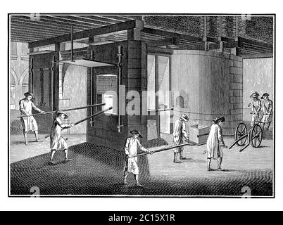 Antique illustration representing how the pots are in place, a ladle is taken from the kiln (1, 2). It is apparent how the smaller ladle being carried Stock Photo