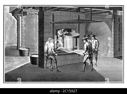 Antique illustration representing placing a pot in the kiln before firing. Published in 'A Diderot Pictorial Encyclopedia of Trades and Industry. Manu Stock Photo