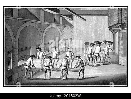 Antique illustration representing drawing the plate glass from the annealing oven (1-7) and carrying away to be ground and polished. Published in 'A D Stock Photo