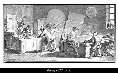 Antique illustration representing workshop for silvering mirrors. Published in 'A Diderot Pictorial Encyclopedia of Trades and Industry” Stock Photo