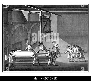 Antique illustration representing how the plate glass is slid into the annealing oven. Published in 'A Diderot Pictorial Encyclopedia of Trades and In Stock Photo