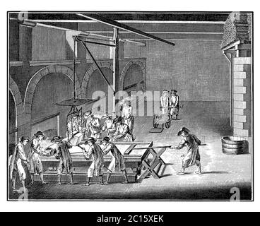 Antique illustration representing pouring a glass plate, the climax of the plate glass manufacturing. Published in 'A Diderot Pictorial Encyclopedia o Stock Photo