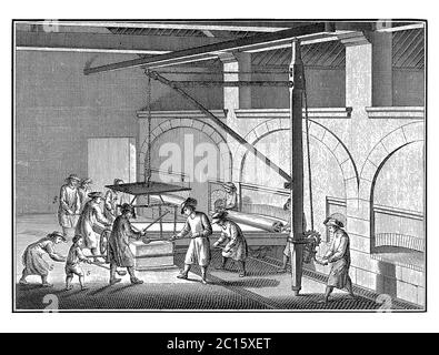 Antique illustration representing a plate glass manufacturing process. Published in 'A Diderot Pictorial Encyclopedia of Trades and Industry. Manufact Stock Photo