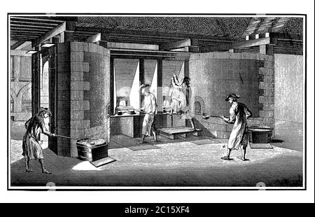 Antique illustration representing a plate glass manufacturing process. Published in 'A Diderot Pictorial Encyclopedia of Trades and Industry. Manufact Stock Photo