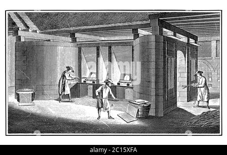 Antique illustration representing a plate glass manufacturing process. Published in 'A Diderot Pictorial Encyclopedia of Trades and Industry. Manufact Stock Photo