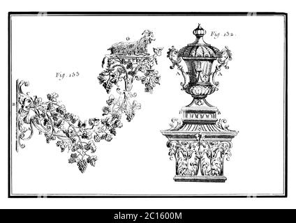 18th century illustration of a garden vase and signholder. Published in 'A Diderot Pictorial Encyclopedia of Trades and Industry. Manufacturing and th Stock Photo