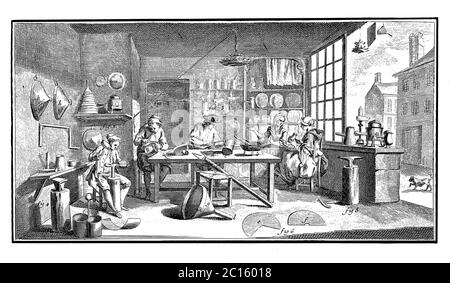 18th century illustration of a tinsmiths' workshop. Published in 'A Diderot Pictorial Encyclopedia of Trades and Industry. Manufacturing and the Techn Stock Photo