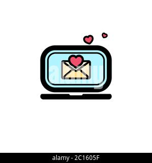 Envelope with hearts on computer monitor icon flat. Love stories symbol. Valentines day concept. Vector on isolated white background. Eps 10 vector. Stock Vector