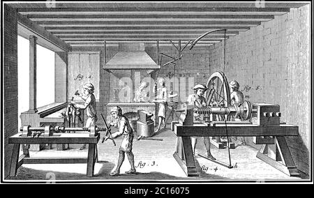 18th century illustration of a toolmaking workshop. Published in 