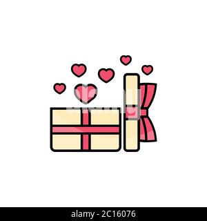 Open gift box with hearts icon flat. Love stories symbol. Valentines day concept. Vector on isolated white background. Eps 10 vector. Stock Vector