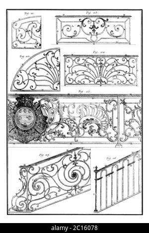 18th century illustration of various designs of ironwork. Published in 'A Diderot Pictorial Encyclopedia of Trades and Industry. Manufacturing and the Stock Photo