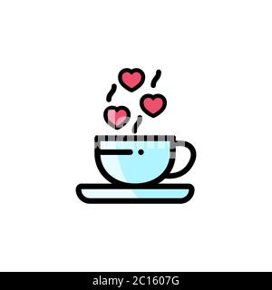 Cup with hearts icon flat. Romantic Coffee cup. Love stories symbol. Valentines day concept. Vector on isolated white background. Eps 10 vector. Stock Vector