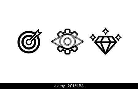 Mission, vision, values icon set or business goal. Vector isolated white background. EPS 10. Stock Vector