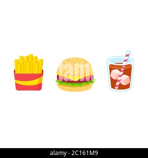 Cartoon fast food icon set. French fries, burger and glass of soda drink. Simple and colorful vector clip art illustration. Stock Vector