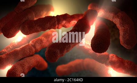 3d illustration of an extreme close-up of red colored rod-shaped bacteria Stock Photo