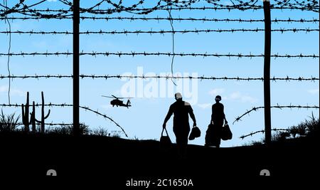 BORDER PATROL- A man and woman with baggage retreat back to the border when they are spotted by a border control helicopter. They entered via a breach Stock Photo