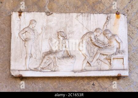 Neo-Attic relief depicting an episode from the Greek myth of Telephus also showing Achilles. House of the Telephus relief, ancient city of Herculaneum Stock Photo
