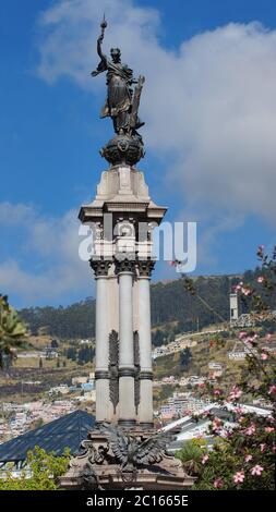 Quito, Pichincha / Ecuador - September 16 2018: Approach to the bronze sculpture that represents Libertas, the Roman goddess of personal freedom. Loca Stock Photo